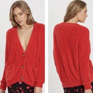 Charlie Holiday Anthropologie Aperrol Red Fuzzy Cardigan, Size 4